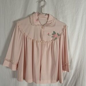 Vintage 50s S Pink Laros Sheer Nylon Peter Pan Collar Lace Pinup Bed Jacket Rose
